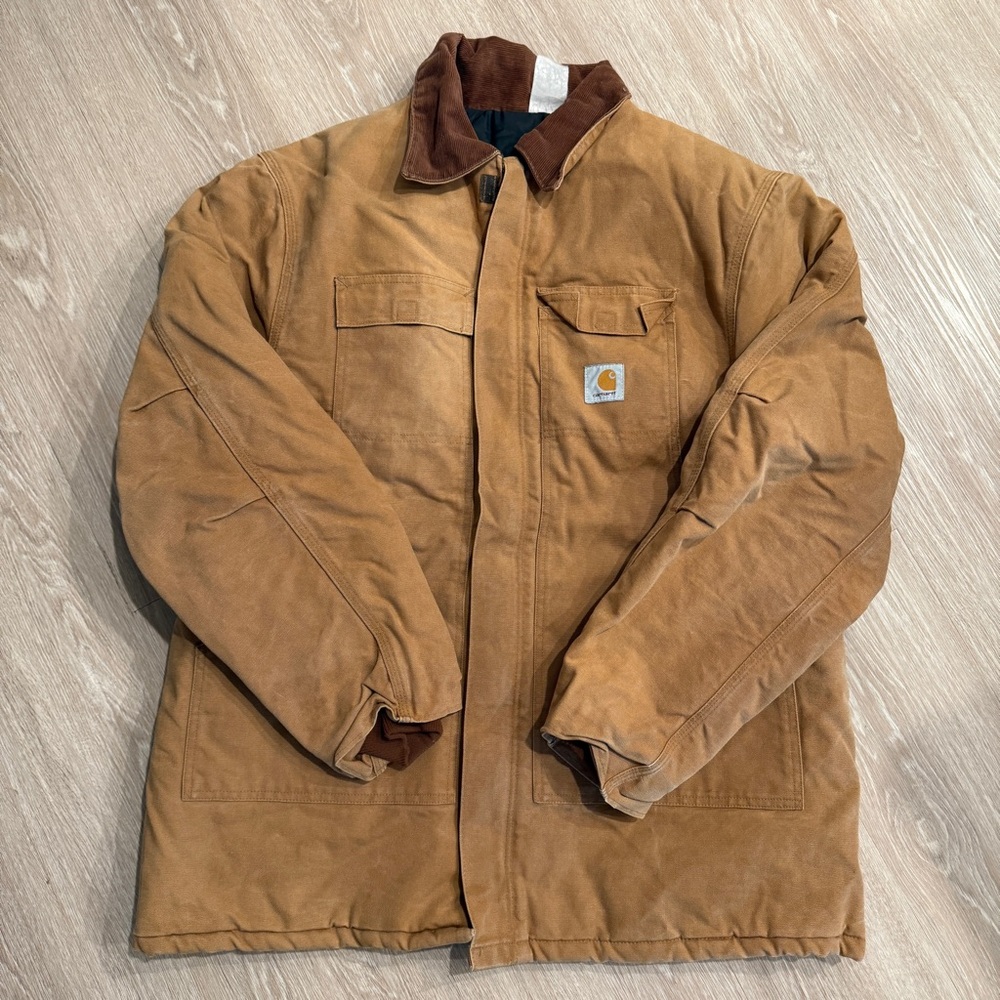 Vintage XL Carhartt Barn Coat Jacket Quilt Lined Union Brown Tan Distressed